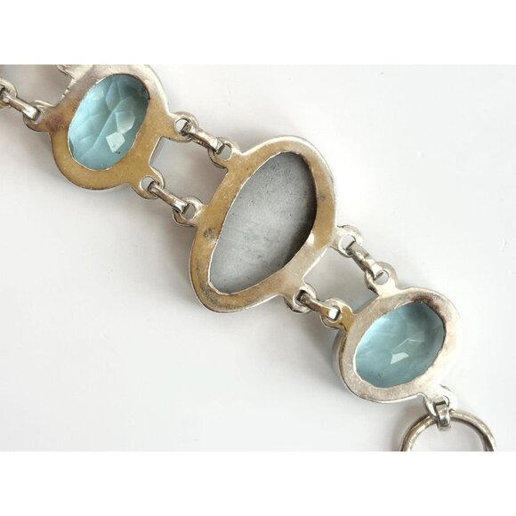 Blue Gemstone & Jasper Chainlink Silver Toned Chunky Vintage Tennis Bracelet - Picture 9 of 14